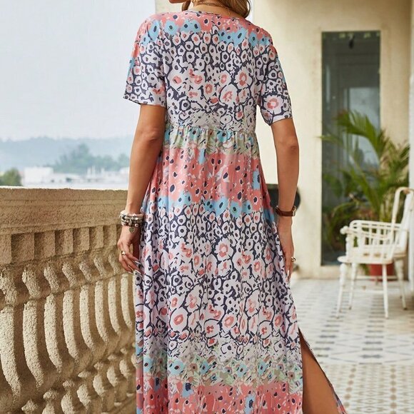 Multicolor Boho Women's Printed Short Sleeve Dress With Split Hem - Picture 3 of 5